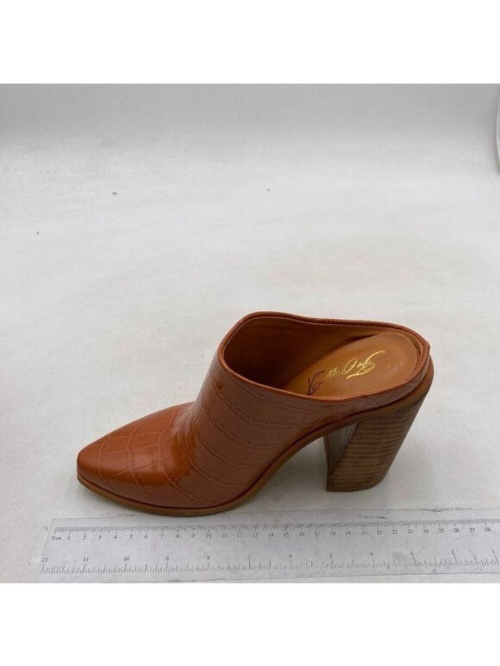 FOWT Brown Crocodile Embossed Mules Chunky Stacked Heel Pointed Toe Slippers